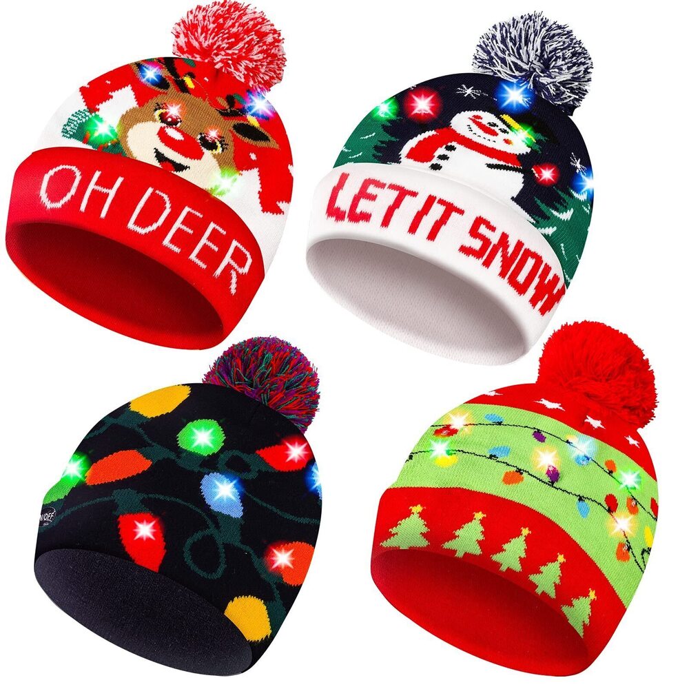 9447 4 Pack Christmas LED Light-up Knitted Beanie Hat Colorful Flashing